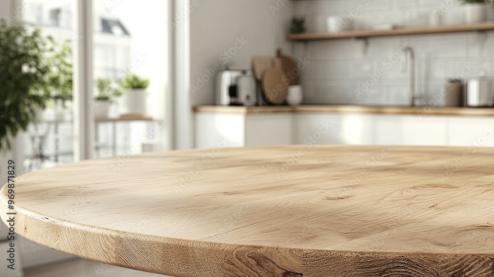 Empty beautiful round wood tabletop counter on interior in clean and bright kitchen background, Ready for display, Banner, for product montage Empty beautiful round wood tabletop counter on interior in clean and bright kitchen background, Ready for display, Banner, for product montage