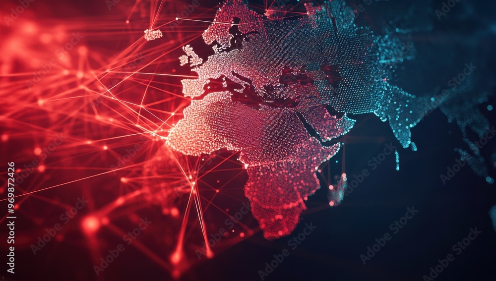 A digital map of Europe with red and blue lines connecting cities ...