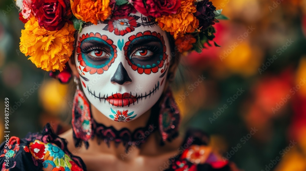 Woman with Day of the Dead Makeup and Floral Headband Woman with Day of the Dead Makeup and Floral Headband