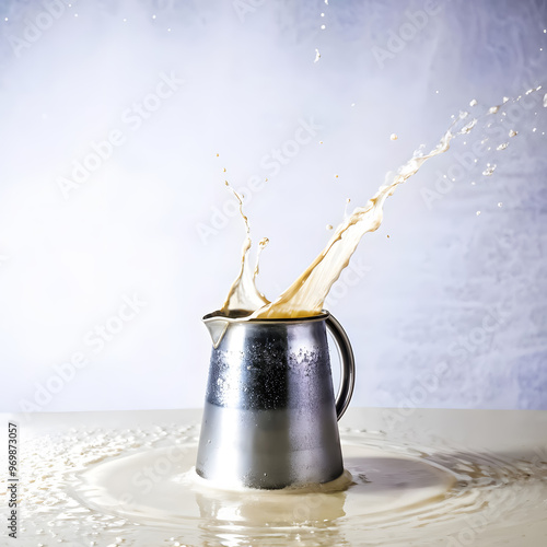 Pouring milk in a metal jug with splashes on a white background