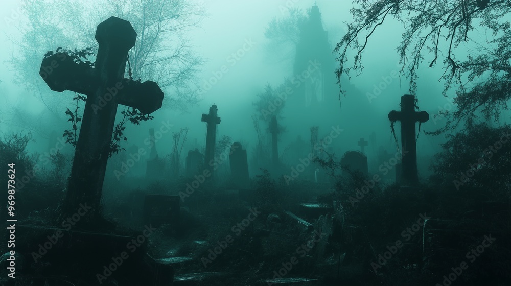 Misty Graveyard with Cross Tombstone at Dawn Misty Graveyard with Cross Tombstone at Dawn