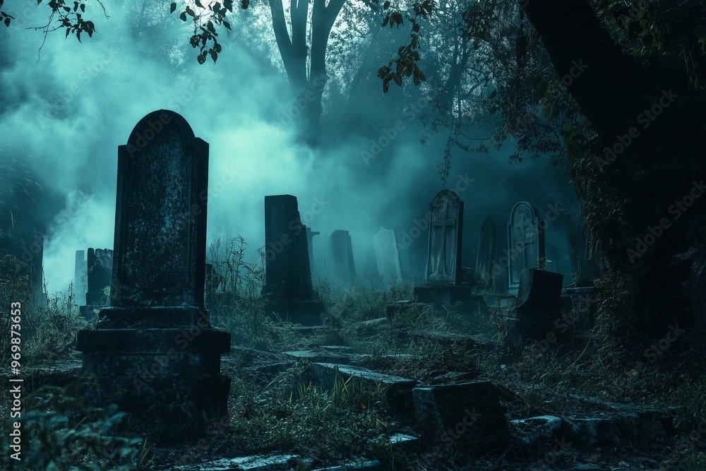 Misty Graveyard with Cross Tombstone at Dawn Misty Graveyard with Cross Tombstone at Dawn