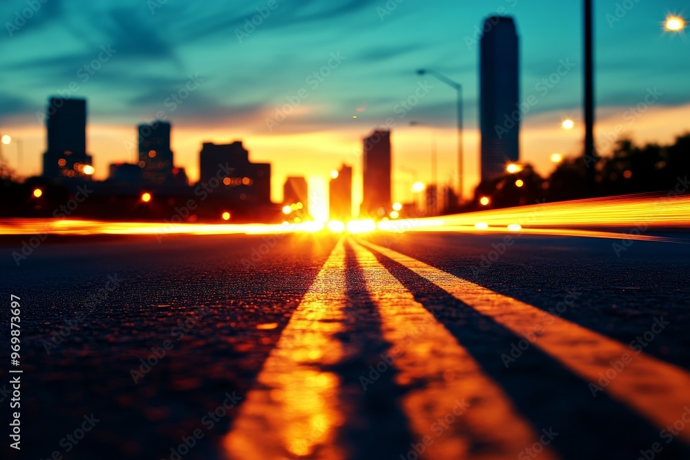 A captivating image of a highway cutting through a modern city at sunset. The bright orange hues of the setting sun illuminate the road, creating a sense of hope and possibility. Silhouettes of skyscr