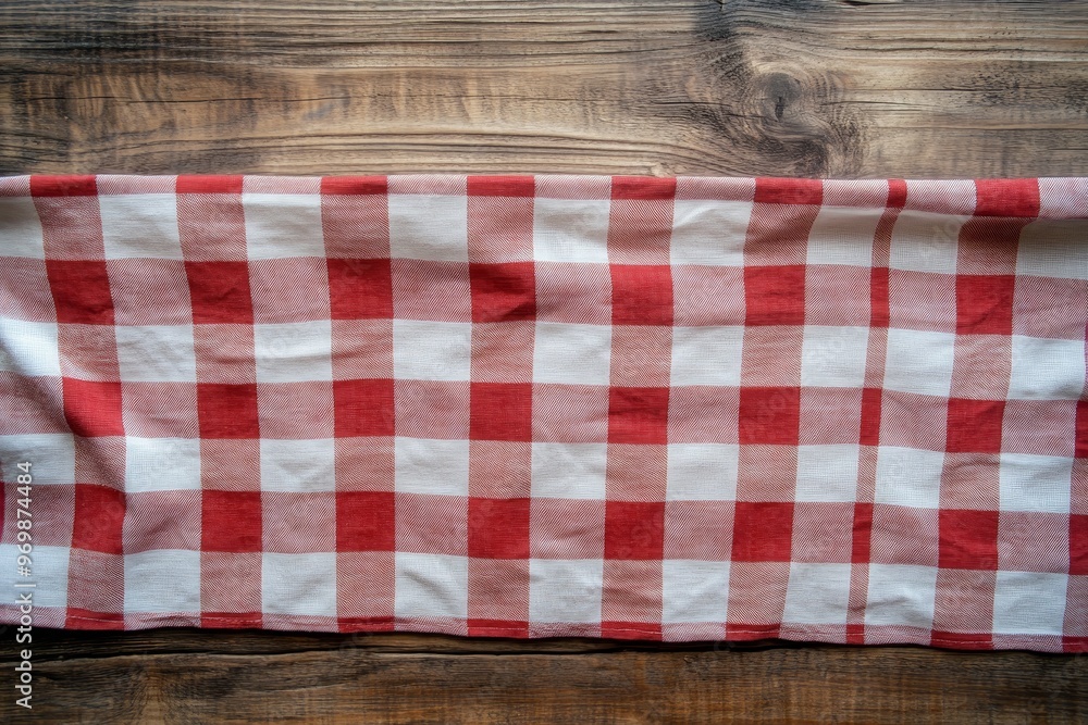 Obraz premium A classic red and white checkered tablecloth draped across a rustic wooden table, symbolizing warmth, homeliness, and the joy of gathering around a table for meals and celebrations.