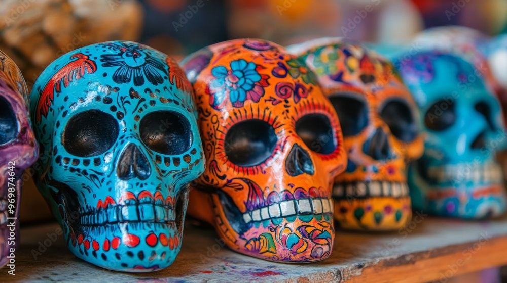 Fototapeta premium Colorful Hand-Painted Sugar Skulls for Day of the Dead Celebration
