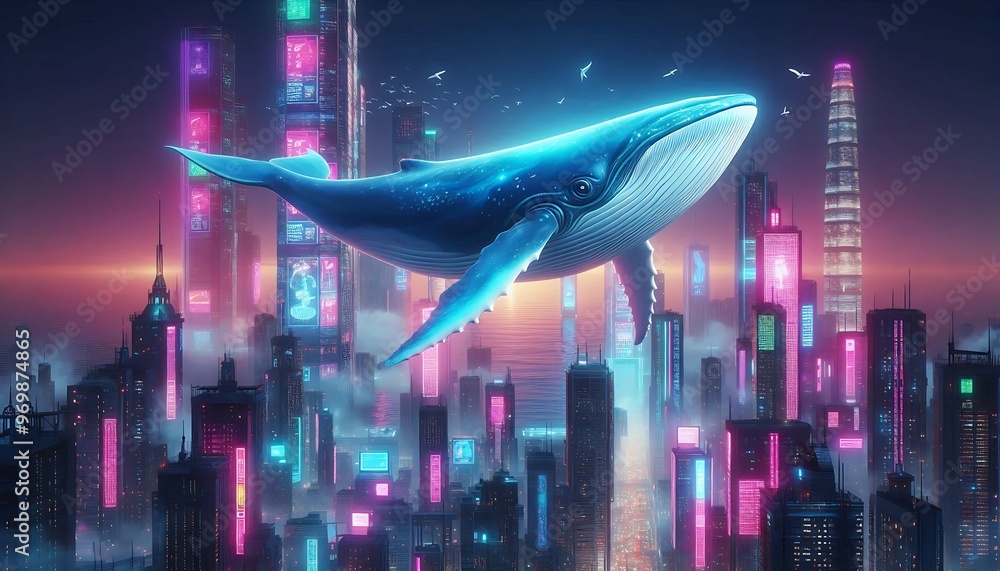 Whale Gliding Above a Futuristic City Drenched in Neon Light Whale Gliding Above a Futuristic City Drenched in Neon Light
