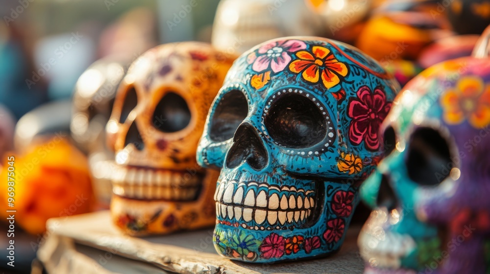 Fototapeta premium Colorful Sugar Skulls Decorated with Flowers