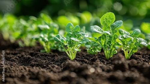   A small group of green plants grows out of the earthy soil in a garden setting photo