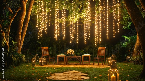 rustic garden wedding decor concept featuring hanging fairy lights and wooden chairs in an elegant outdoor setting advertising banner