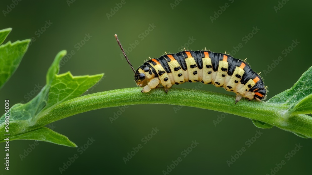 A close-up shot of a colorful caterpillar crawling on a green branch, showcasing the intricate patterns on its body and the delicate nature of its movement. This image symbolizes growth, transformatio A close-up shot of a colorful caterpillar crawling on a green branch, showcasing the intricate patterns on its body and the delicate nature of its movement. This image symbolizes growth, transformatio