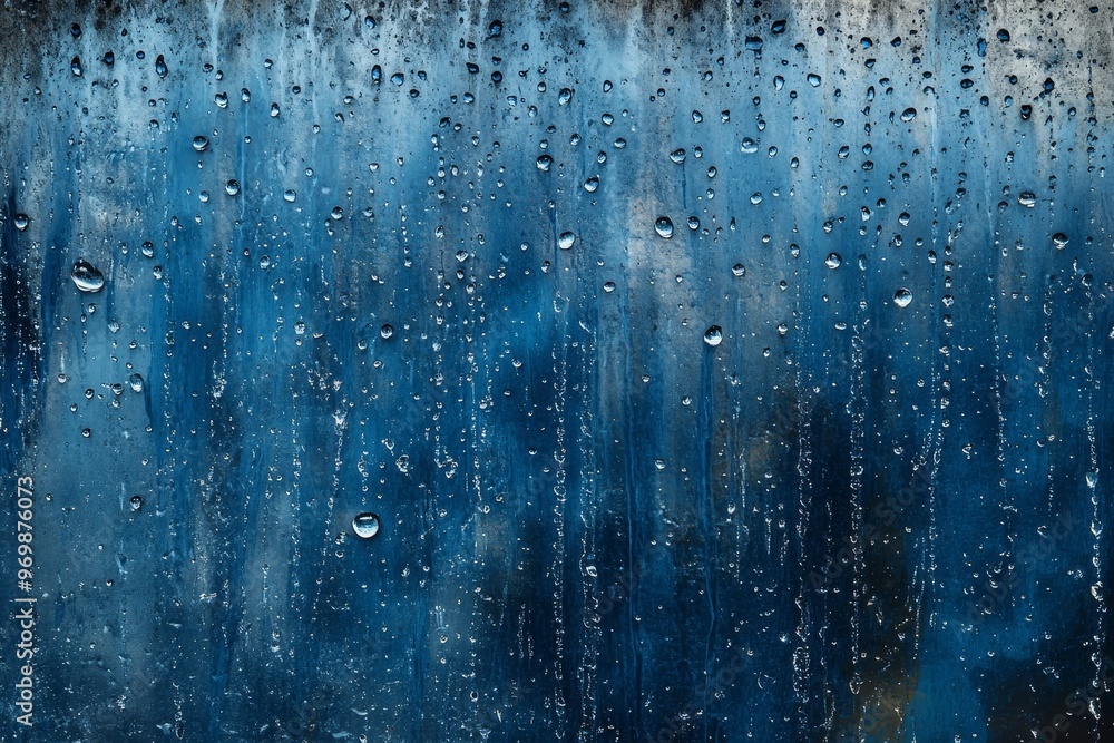 A close-up shot of a distressed wet glass surface with rain water drops, showcasing an abstract blue and gray texture. The image symbolizes the beauty of nature, the passage of time, and the fleeting A close-up shot of a distressed wet glass surface with rain water drops, showcasing an abstract blue and gray texture. The image symbolizes the beauty of nature, the passage of time, and the fleeting