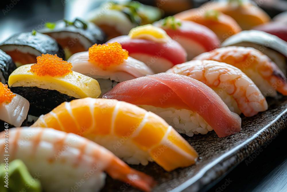 Exquisite Sushi Nigiri with Roe, Tuna, and Salmon – Japanese Culinary Masterpiece Exquisite Sushi Nigiri with Roe, Tuna, and Salmon – Japanese Culinary Masterpiece