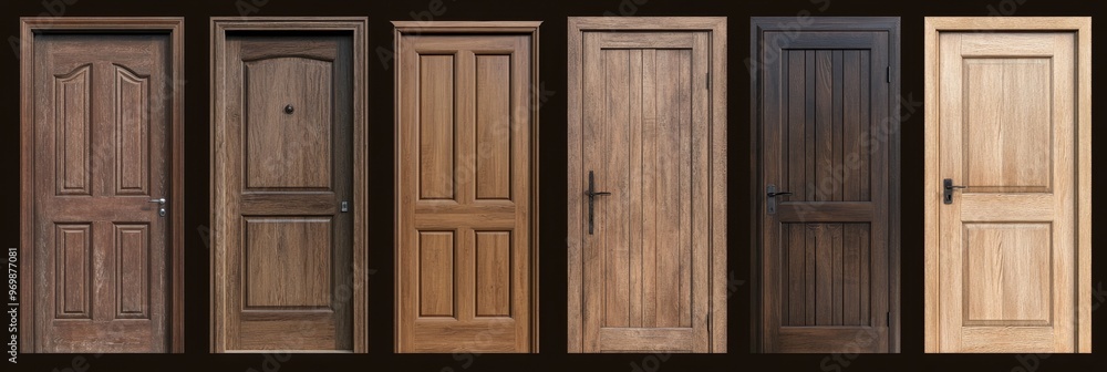 Fototapeta premium A collection of six different wooden doors isolated on a white background. The doors are all different styles and finishes, providing a variety of options for homeowners and designers.