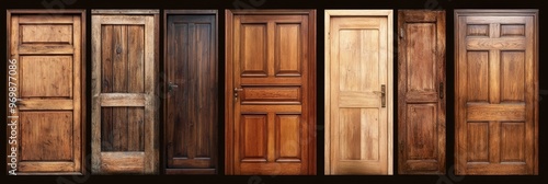 A collection of seven wooden doors, each with a unique design and finish, isolated on a white background. The doors are all closed and feature different panel configurations, wood grains, and stains. 