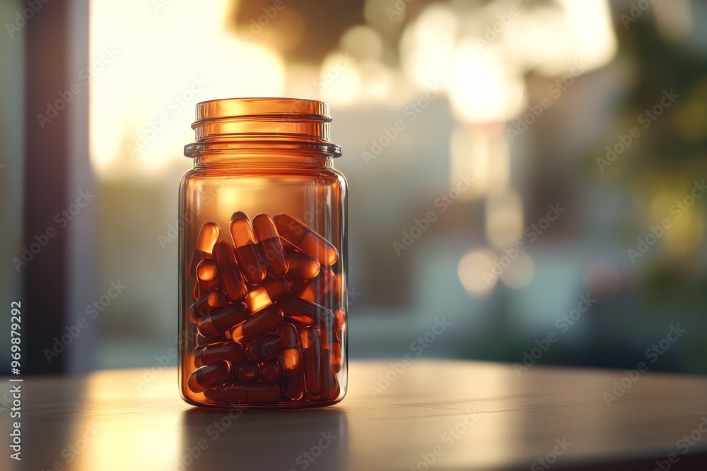 A glass bottle filled with brown melatonin capsules sits on a wooden table with a warm sunset backdrop. The scene evokes feelings of relaxation, rest, and natural sleep enhancement. A glass bottle filled with brown melatonin capsules sits on a wooden table with a warm sunset backdrop. The scene evokes feelings of relaxation, rest, and natural sleep enhancement.