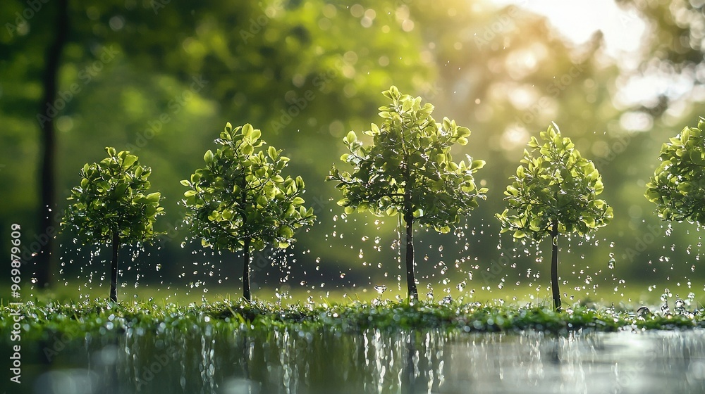 Fototapeta premium Field with Water Droplets on Trees