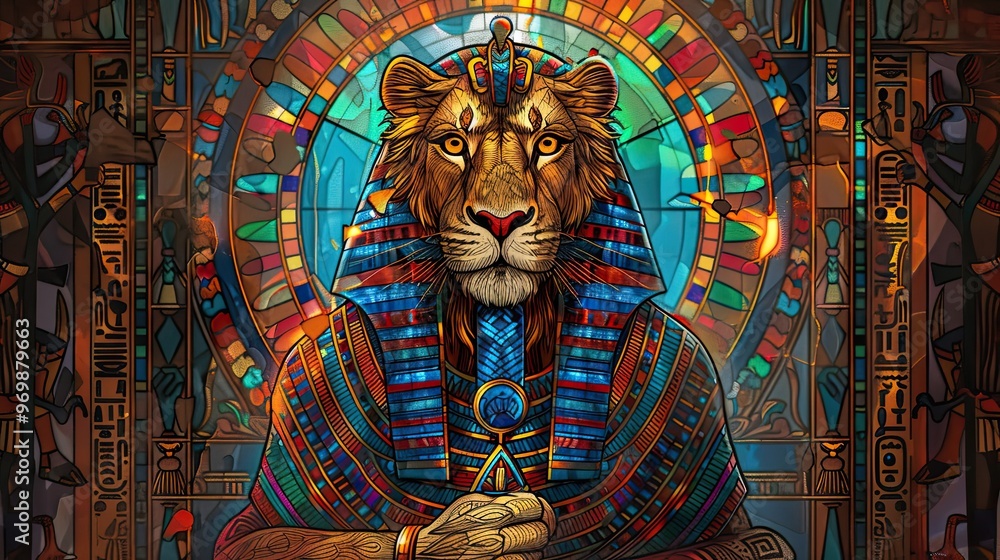 Obraz premium A lion with a crown on its head is depicted in a stained glass window
