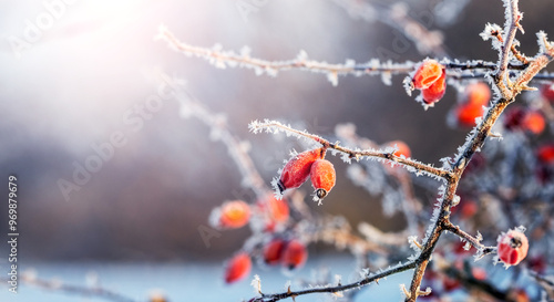 Fotografie frost-covered rosehip bush with red berries in winter in sunny weather