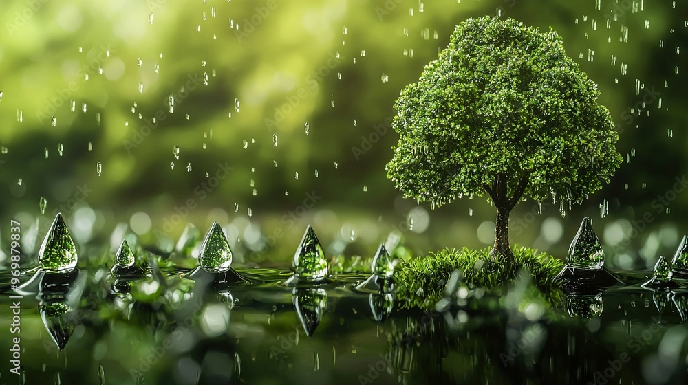 A tree perched amidst a water body, drenched by cascading droplets A tree perched amidst a water body, drenched by cascading droplets