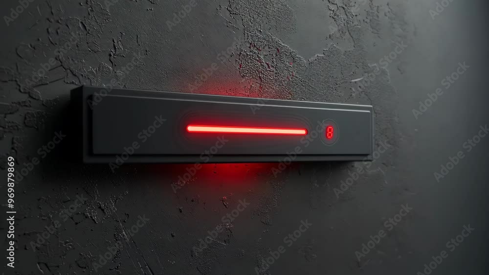 A sleek black device with a glowing red light on a textured dark wall in a modern setting A sleek black device with a glowing red light on a textured dark wall in a modern setting