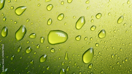 Closeup of water droplets on a green surface with a textured background.