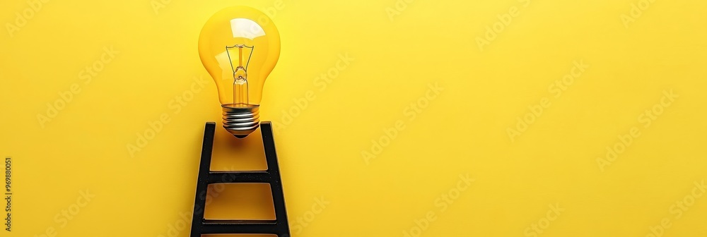 A light bulb perched atop a ladder against a vibrant yellow background symbolizes reaching new heights, achieving goals, illuminating ideas, and climbing towards success and innovation. A light bulb perched atop a ladder against a vibrant yellow background symbolizes reaching new heights, achieving goals, illuminating ideas, and climbing towards success and innovation.