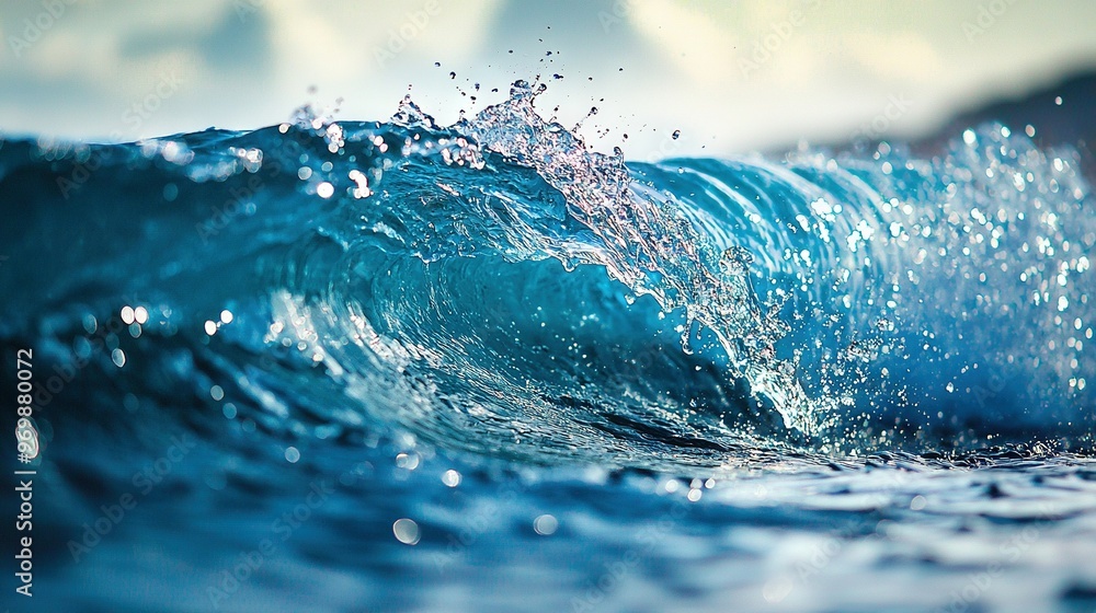 A close-up wave image splashes water top while the background shows blue sky A close-up wave image splashes water top while the background shows blue sky