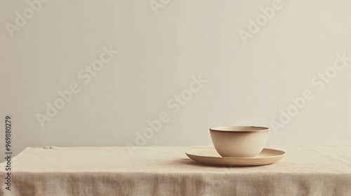 Minimalist beige tablecloth with a single dark stain, symbolizing everyday wear, placed under clean, modern tableware on a light background