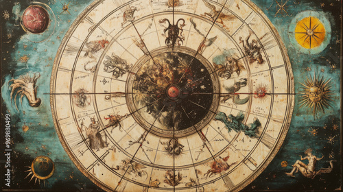 Depict a detailed astrological chart or wheel featuring all twelve zodiac signs. Show how the signs are positioned within the chart and how they relate to one another