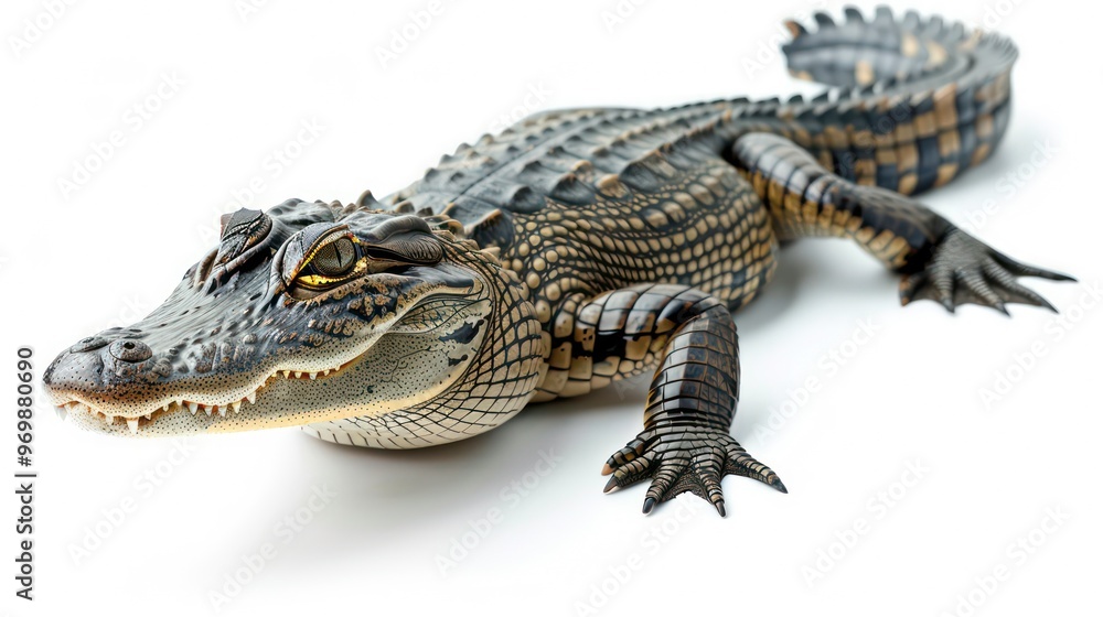 Naklejka premium Close-up of a young alligator with its mouth slightly open, lying on a white background.