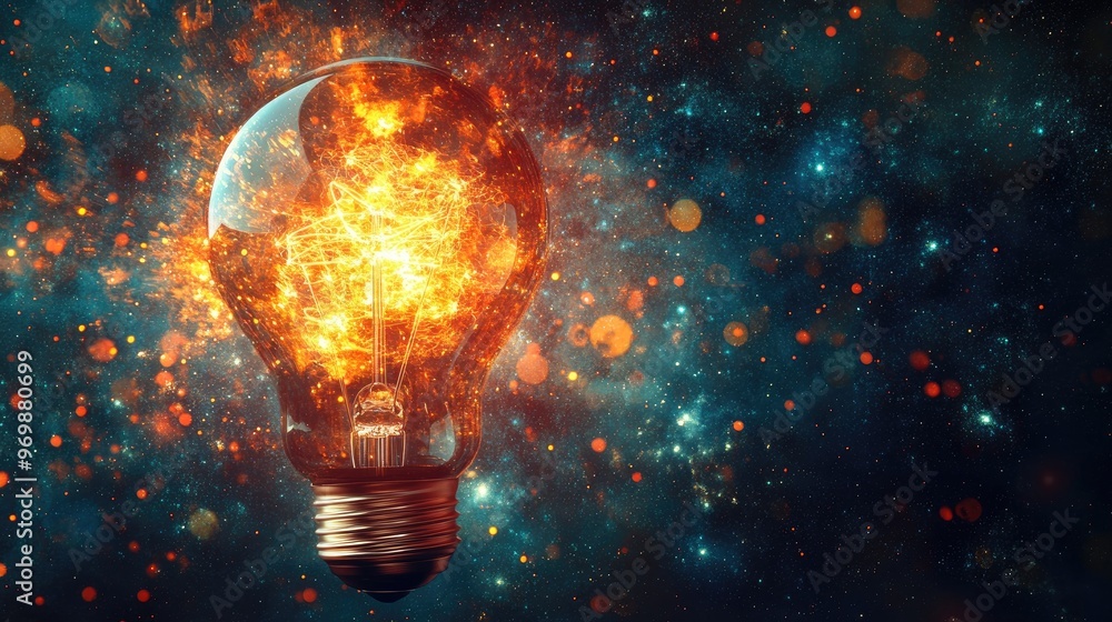 Light bulb with fire effect on dark blue background. Light bulb with fire effect on dark blue background.