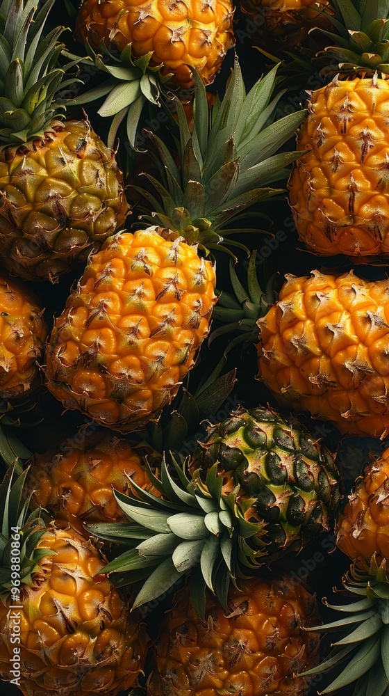Freshly Harvested Pineapples Piled Together in a Vibrant Display Backdrop Freshly Harvested Pineapples Piled Together in a Vibrant Display Backdrop