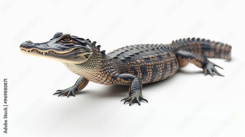 A young alligator with a black and brown pattern on its skin is looking to the left, isolated on a white background. A young alligator with a black and brown pattern on its skin is looking to the left, isolated on a white background.