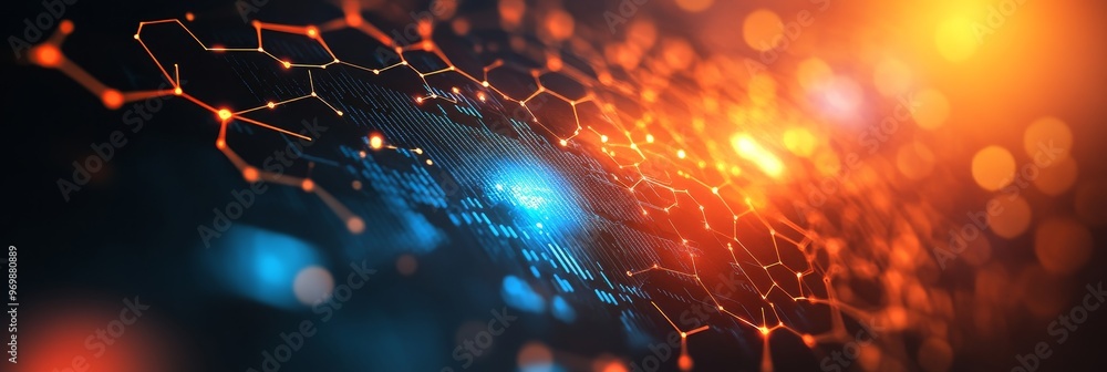Obraz premium A mesmerizing abstract background featuring a futuristic technological network. The image portrays interconnected nodes and lines, symbolizing data flow, global connectivity, and cybersecurity. The vi
