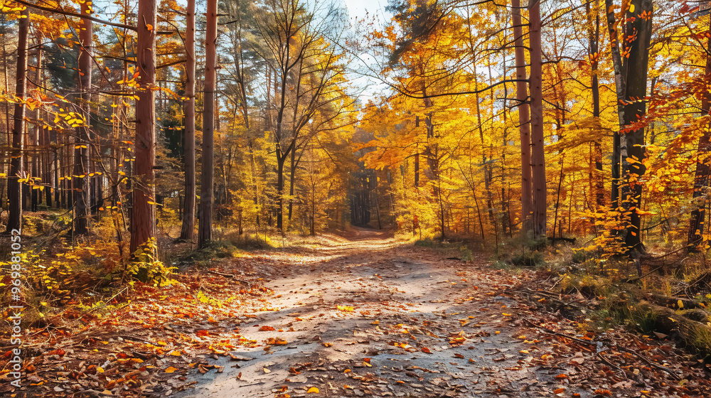 Fototapeta premium Autumn forest scenery featuring a road covered in fall leaves, with warm light illuminating the golden foliage. A footpath winds through the colorful forest, showcasing vivid October days 