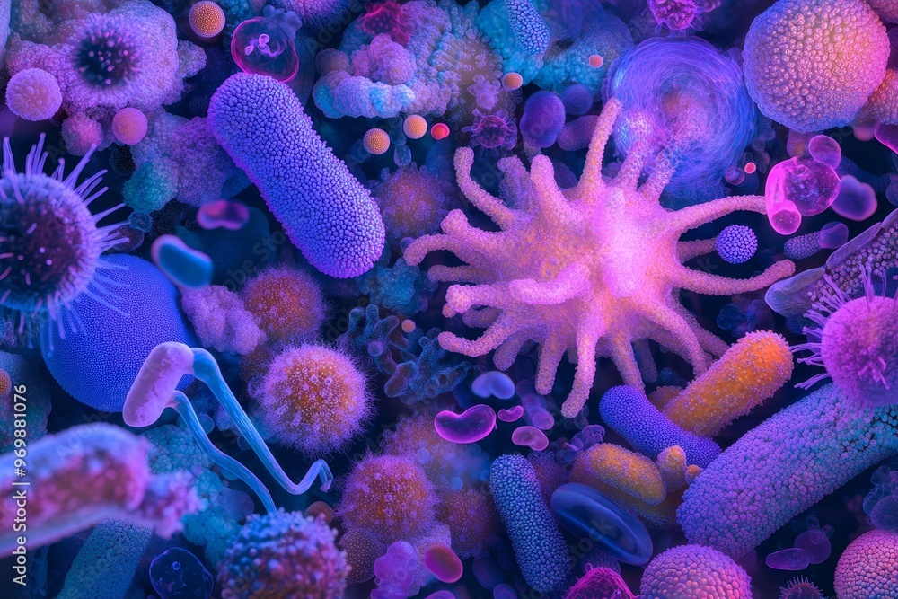 A mesmerizing close-up of a diverse and vibrant community of intestinal microbes, showcasing the beauty and complexity of the human gut microbiome. The image symbolizes the essential role of these mic
