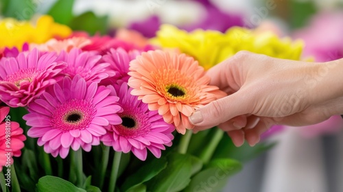 A hand picking a flower from the bouquet of colorful flowers, AI