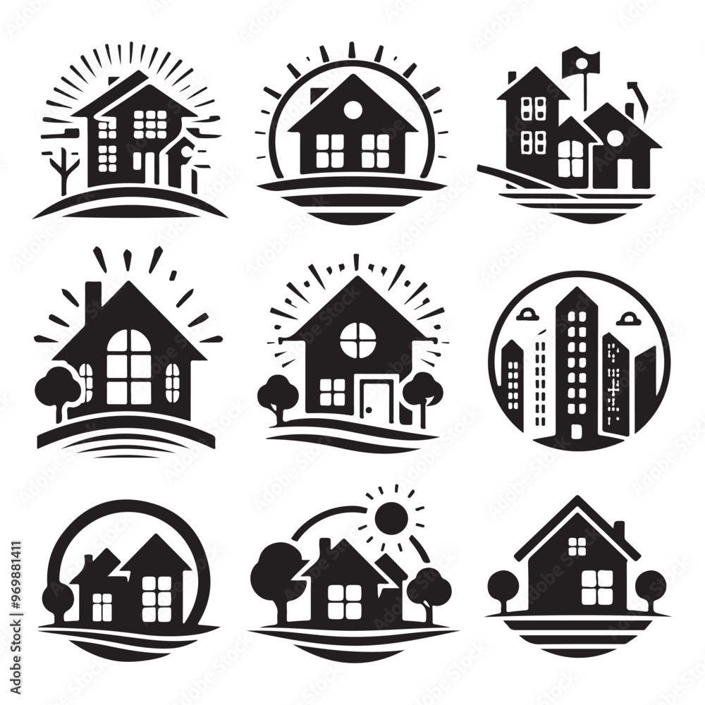 House symbol. Set of real estate objects and houses silhouette vector on white background House symbol. Set of real estate objects and houses silhouette vector on white background
