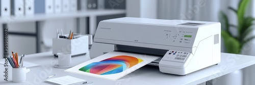 A modern printer sits on a white desk, printing a colorful abstract design.  It represents creativity, productivity, high-quality printing, office technology, and modern design.