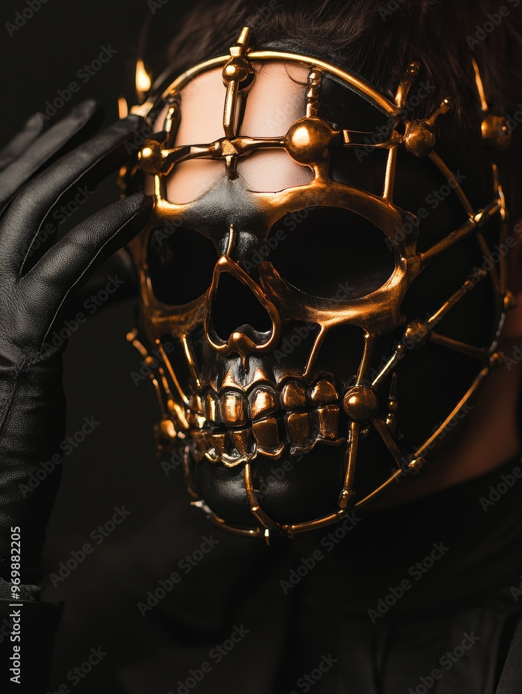 A mysterious and captivating image of a man wearing a gothic metal skull face mask. The mask is adorned with intricate details, and the man's dark attire adds to the overall sense of intrigue. The ima A mysterious and captivating image of a man wearing a gothic metal skull face mask. The mask is adorned with intricate details, and the man's dark attire adds to the overall sense of intrigue. The ima