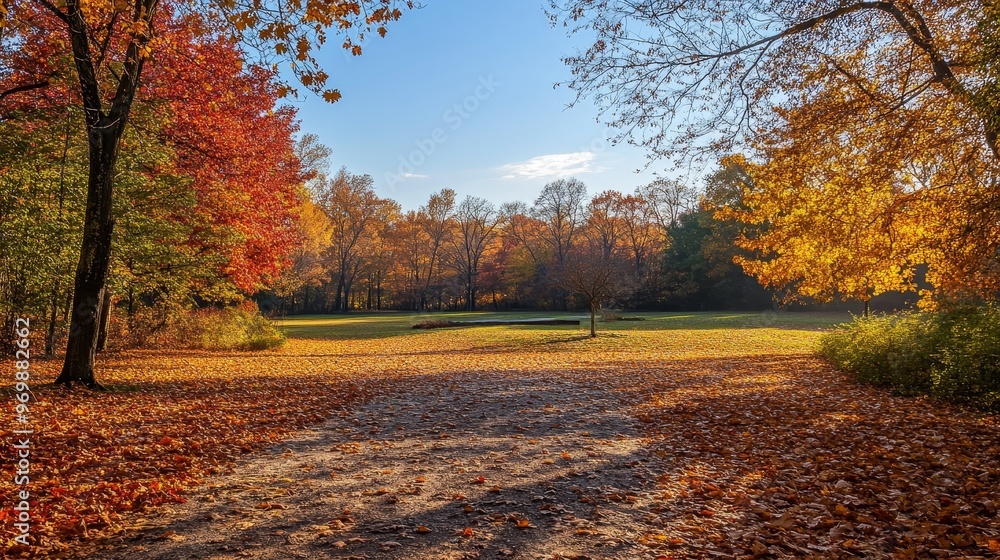 Obraz premium A picturesque autumn scene showcasing a pathway through a park, surrounded by colorful trees with golden and red leaves. The vibrant foliage represents the beauty of nature's transition into the coole