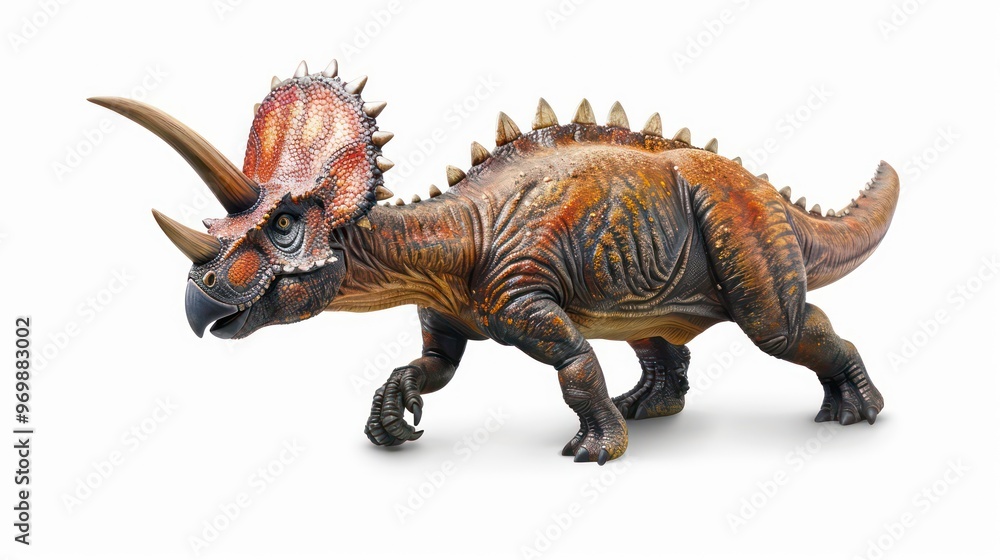 A 3D render of a brown and black dinosaur with a large horn, walking on a white background. A 3D render of a brown and black dinosaur with a large horn, walking on a white background.