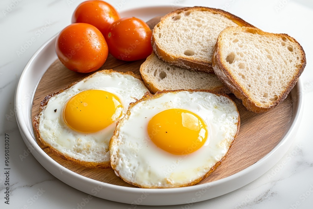 A plate of perfectly cooked fried eggs with golden yolks, served alongside juicy tomatoes and toasted bread. The simple yet satisfying meal is a classic breakfast choice. A plate of perfectly cooked fried eggs with golden yolks, served alongside juicy tomatoes and toasted bread. The simple yet satisfying meal is a classic breakfast choice.