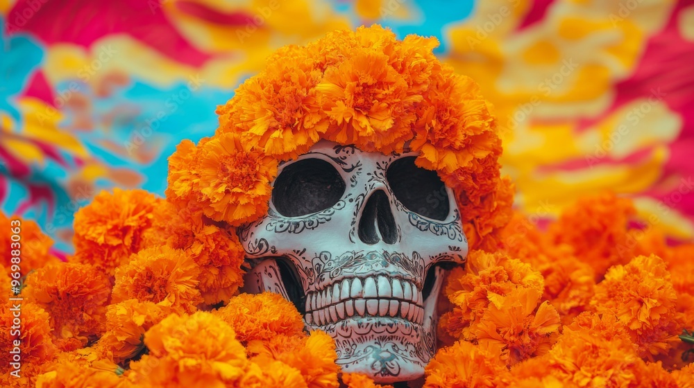 Decorated Sugar Skull Adorned with Marigold Flowers Decorated Sugar Skull Adorned with Marigold Flowers