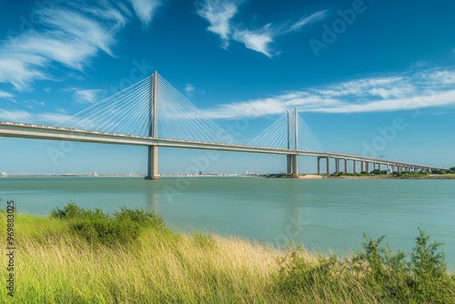A picturesque view of the Harbor Bridge in Corpus Christi, Texas, showcasing its modern design against a backdrop of blue skies and calm waters. The bridge symbolizes connection, progress, and the cit