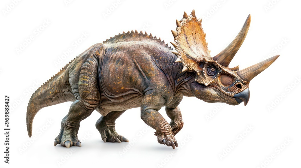 A large, brown, three-horned dinosaur with a frill on its head stands on a white background. A large, brown, three-horned dinosaur with a frill on its head stands on a white background.