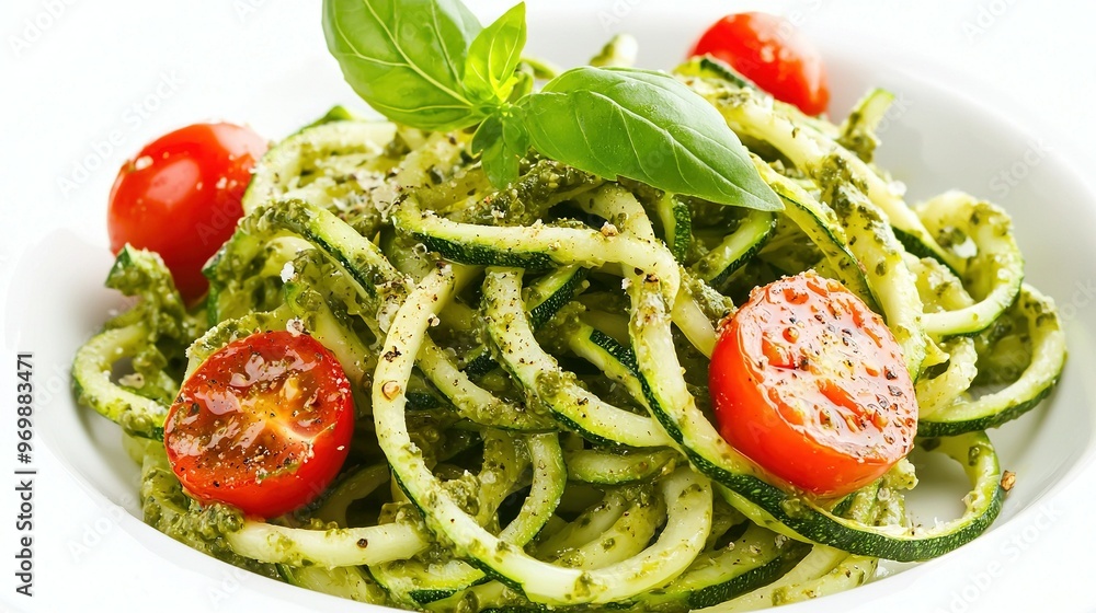 A bowl of zucchini noodles with a leafy garnish A bowl of zucchini noodles with a leafy garnish