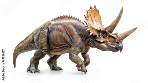 A large, brown, three-horned dinosaur with a frill on its head stands on a white background.