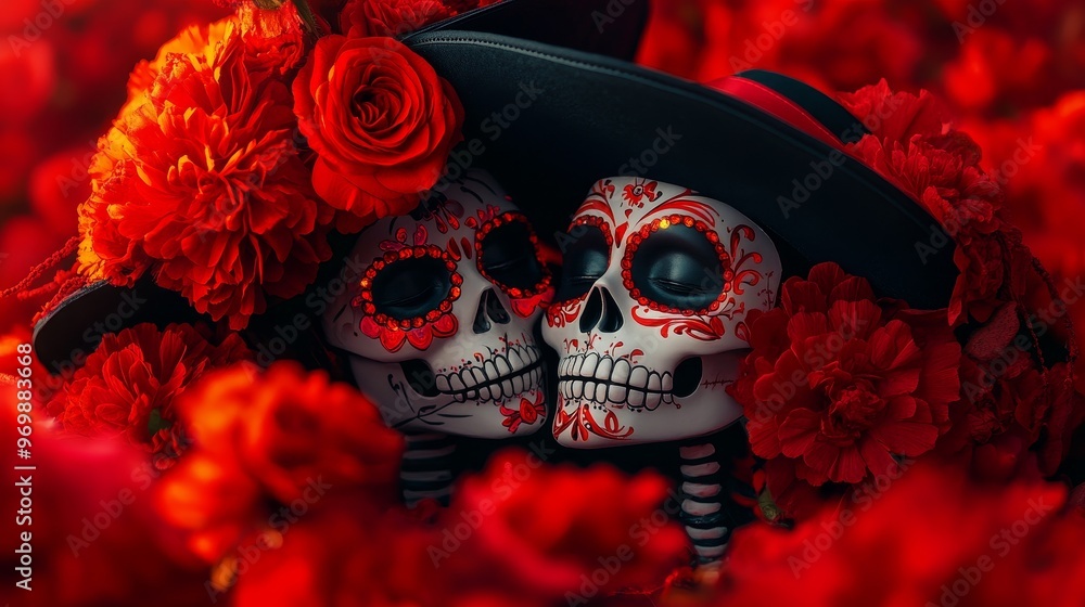 A romantic depiction of a Day of the Dead couple surrounded by vibrant red flowers, symbolizing love, life, and death. The couple's sugar skulls are adorned with intricate designs, reflecting the beau A romantic depiction of a Day of the Dead couple surrounded by vibrant red flowers, symbolizing love, life, and death. The couple's sugar skulls are adorned with intricate designs, reflecting the beau