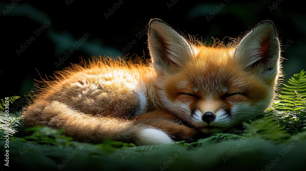 Fototapeta premium A close-up photo captures a fox resting comfortably on a verdant grass field beside a majestic tree trunk